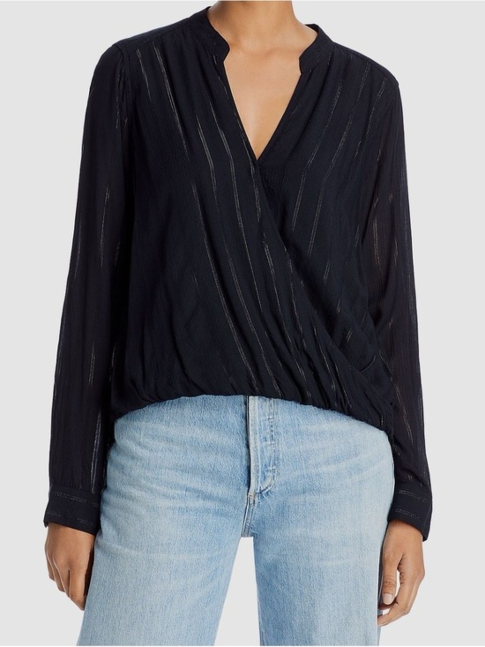 #1 NWT Splendid Women’s V Neck Black Wrap Blouse with Subtle Stripe Sheen Size M